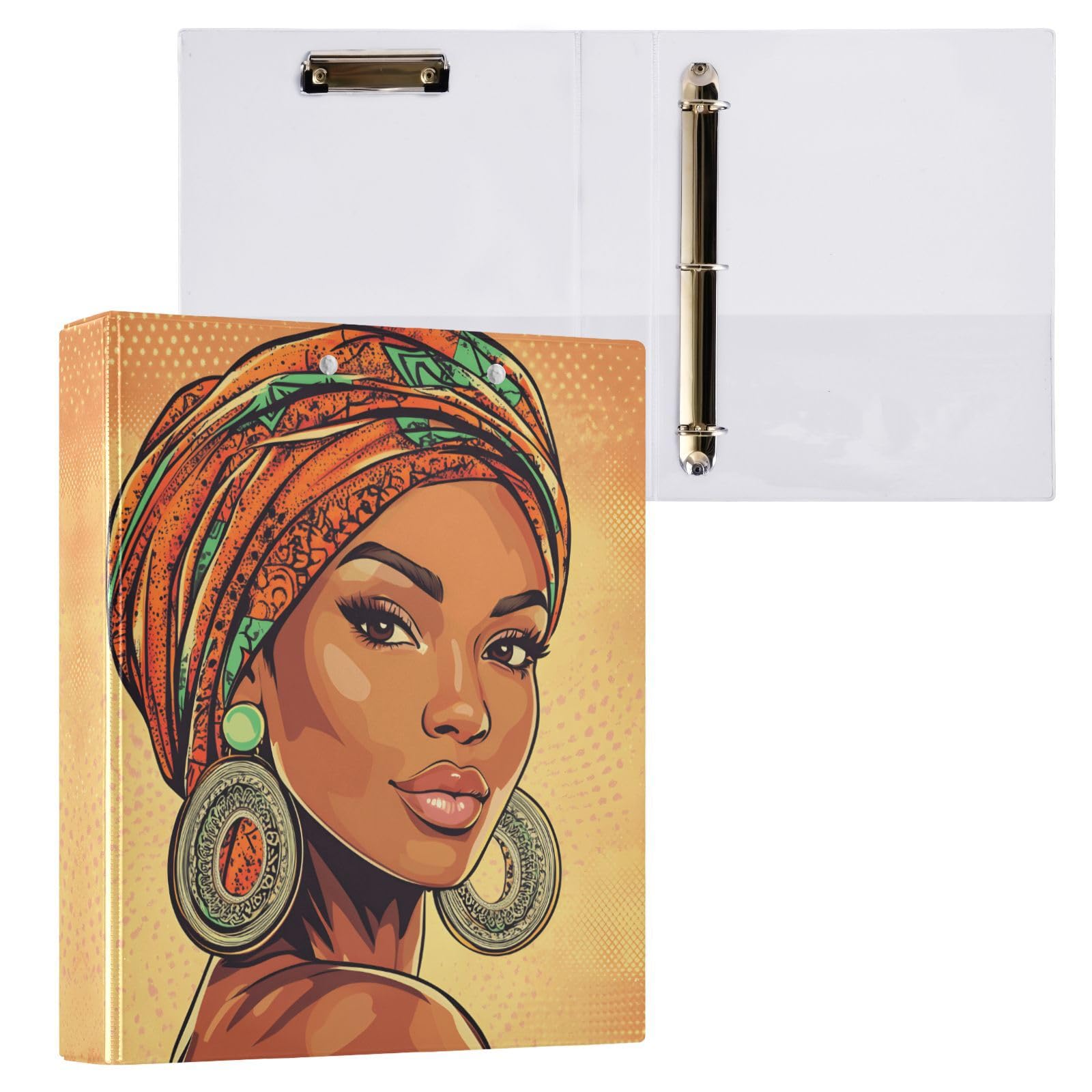 Confezione da 2 raccoglitori a 3 anelli, motivo donna africana etnica, 3,8 cm, con 3 tasche trasparenti, portablocco e contiene 200 fogli, per ufficio, scuola, organizzazione domestica