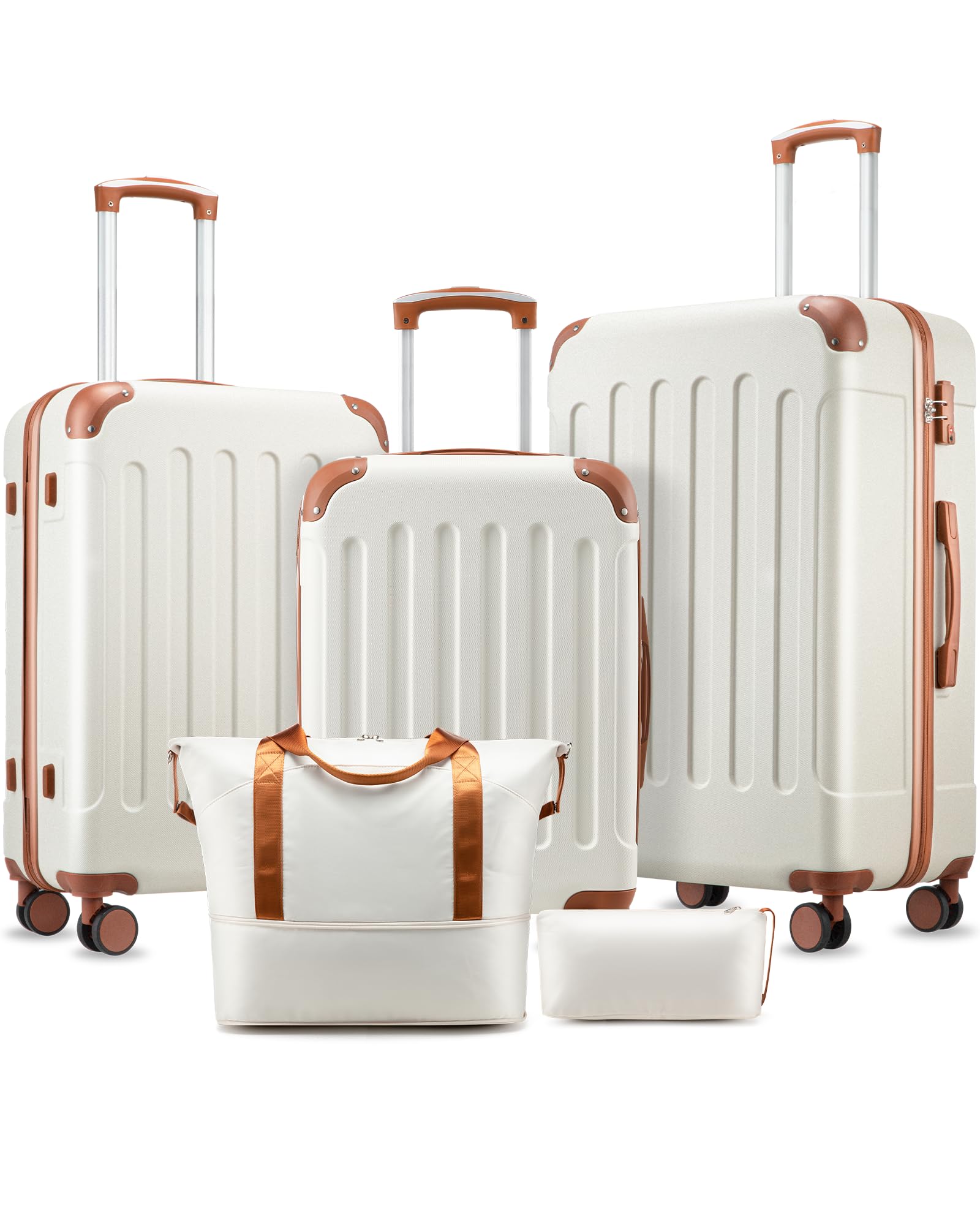 Luggage Sets 5 Piece Hardside Suitcase with Wheels TSA Approved White Brown
