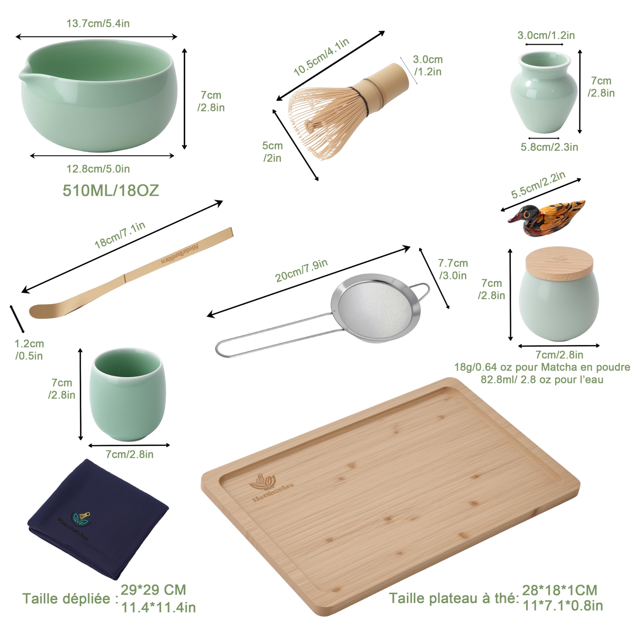 Kit Matcha, Ensemble complet de 10 pièces avec plateau, bol de Matcha japonais, fouet en bambou, support pour fouet, tamis, serviette à thé, récipient à thé, tasse de thé