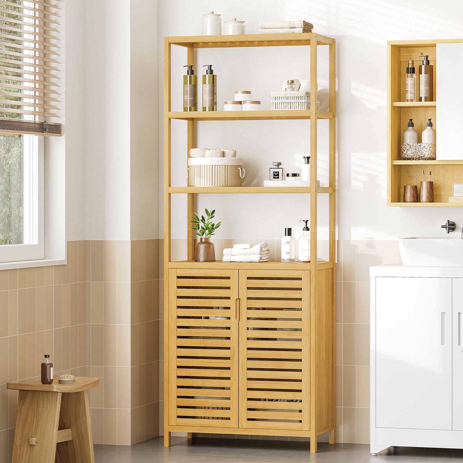 VIAGDO Armadietto da Bagno Alto in Bambù, 3 Scomparti Aperti e Armadietto, Portaoggetti Alto, Per Bagno, Corridoio, Cucina, Soggiorno