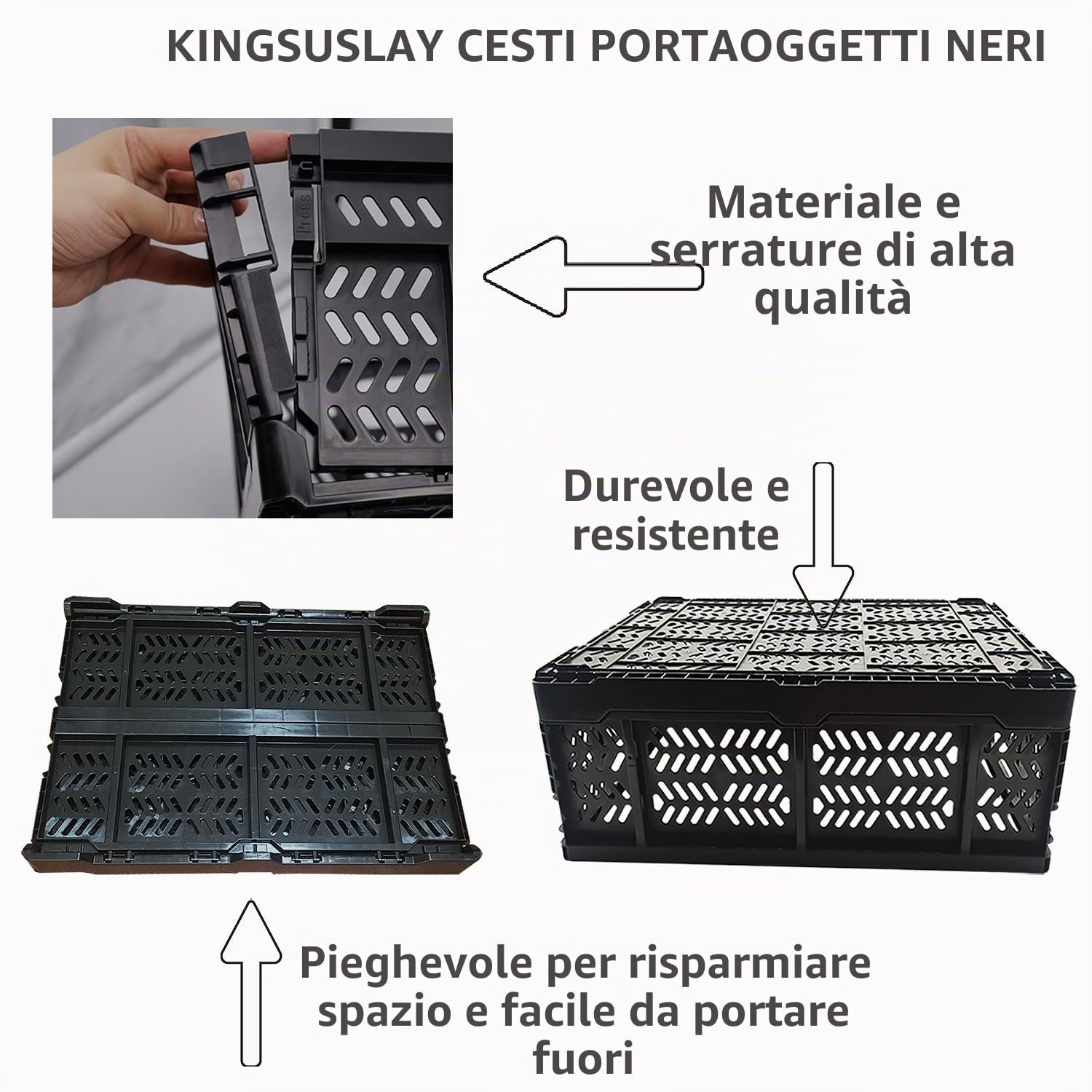 Confezione da 4 cassette portaoggetti in plastica, per casa, cucina, ufficio, 20 l, pieghevoli, per alimenti, frutta, verdura, snack, vestiti, giocattoli, dispensa, regali di Natale (nero)