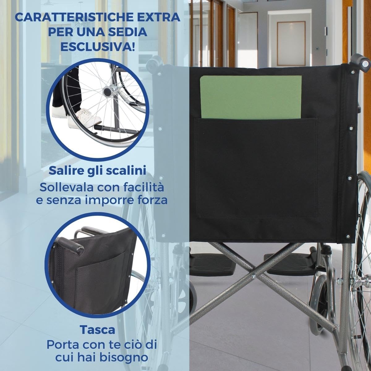 Mobiclinic®, Sedia a rotelle, Auto-propulsa, Carrozzina pieghevole, Alcazaba, Seduta 46 cm, Sistema per superare i cordoli, Braccioli imbottiti, Poggiapiedi ribaltabili, Leggera, Freno sulle ruote