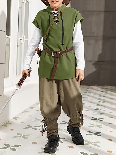 Miniatura 8 de Camisetas de pirata renacentista para niños, estilo vikingo, medieval, sin mangas, con cordones, de algodón escocés