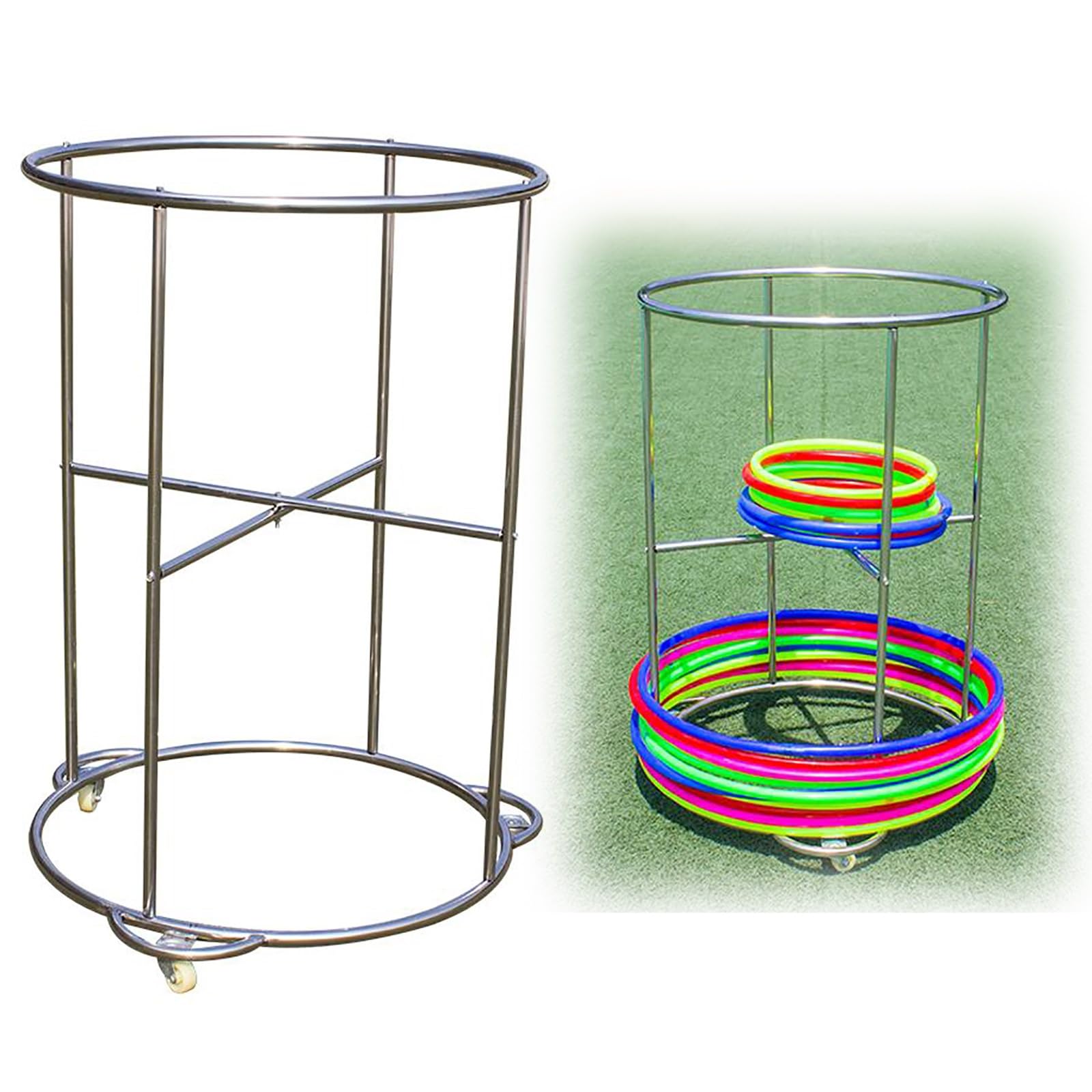 Hula Hoop Halterung Aufbewahrung für Gymnastikreifen aus Edelstahl, Hula-Hoop-Präsentationsständer mit Rädern, tragbarer Fitnessringwagen mit großer Kapazität