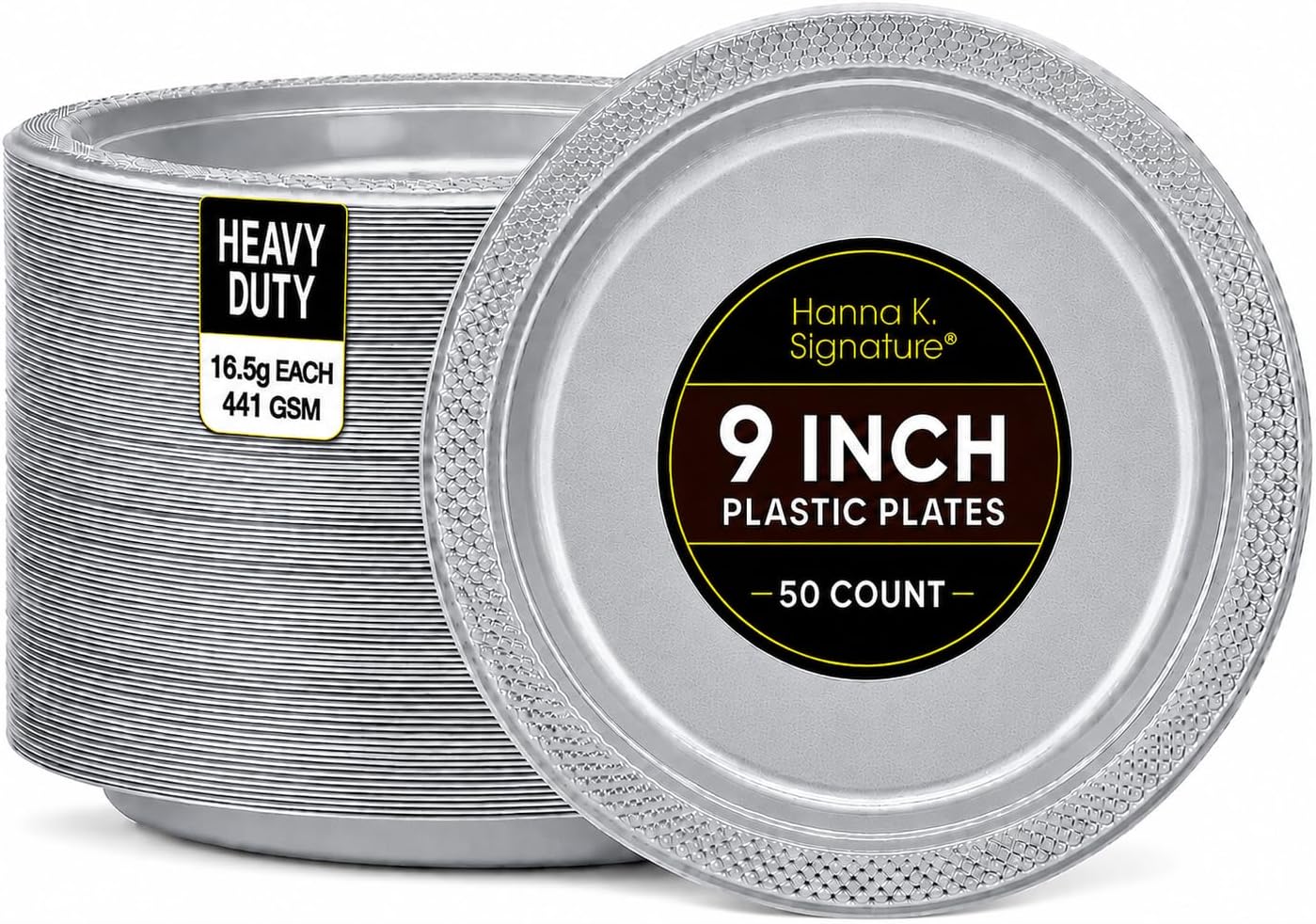 Silver Solid Color Premium Heavy Weight Plastic Dinner Plate (9") 50 Count - Premium Plastic, Elegant & Durable, Perfect for Events
