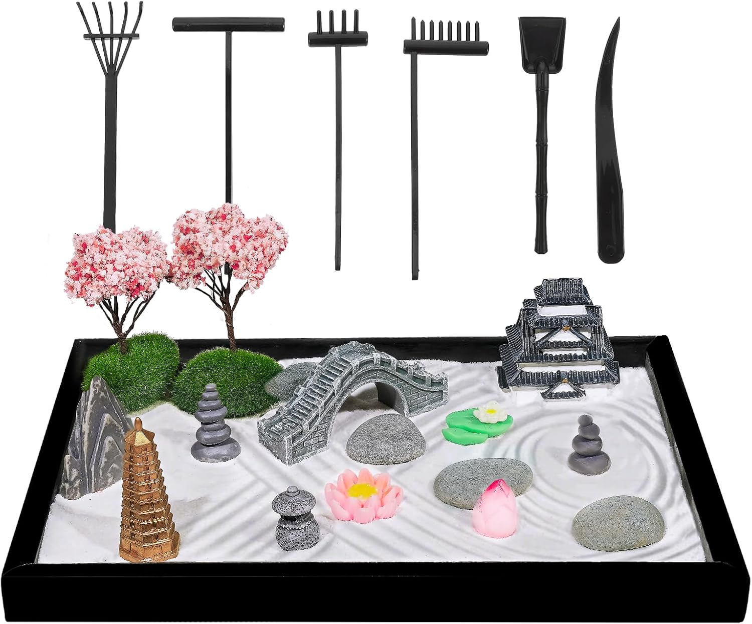 Bbiamsleep Zen Garden for Desk, Mini Zen Garden Accessories | Zen Garden Kit, 9.8 x 7 Inch Mini Zen Garden with 6 Tools, 23 Zen Garden Accessories for Home Office Desktop Japanese Decor