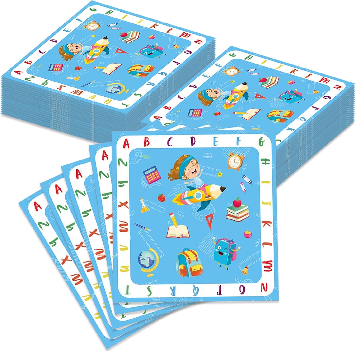 40 Pcs Welcome Back to School Napkins Blue ABC Books Pencils Disposable Paper Napkins for Dinner Picnic Cocktail First Day of School Party Supplies - 6.5 x 6.5 In