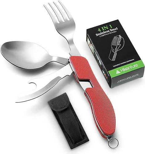 Miniatura 10 de Utensilios para campamento HIKENTURE 4 en 1, juego de tenedor, cuchillo, cuchara y abridor de botellas de acero inoxidable con estuche de Negro