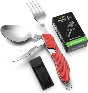 Camping Eating Utensils HIKENTURE 4-In-1 Stainless Steel Spoon Fork Knife Bottle Opener Set,Foldable Backpacking Cutlery for Traveling, Hiking, Boy Scout Gift(Red)