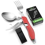 Camping Eating Utensils HIKENTURE 4-In-1 Stainless Steel Spoon Fork Knife Bottle Opener Set,Foldable Backpacking Cutlery for Traveling, Hiking, Boy Scout Gift(Red)
