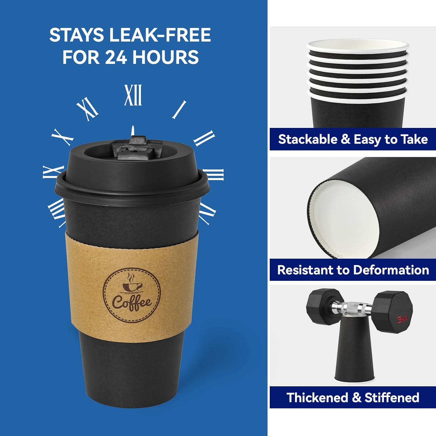 JOLLY CHEF 16 oz Coffee Cups-100 Pack, Disposable Black Hot Paper Cups with Lids, Sleeves and Stirrers for all Kinds of Beverages 100 Count (Pack of 1, 16oz) Black-16oz