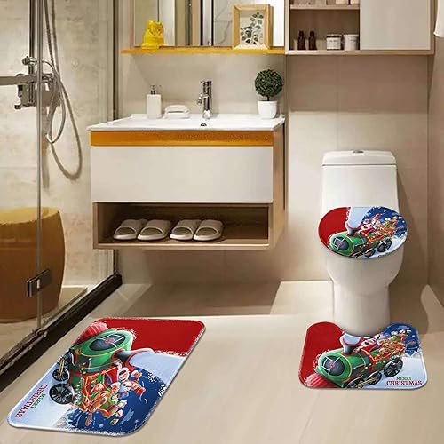 Miniatura 5 de Emvency Juego de cortinas de ducha de Navidad con tapa de inodoro y alfombras antideslizantes, juego de 4 alfombras de baño divertidas de Papá Noel