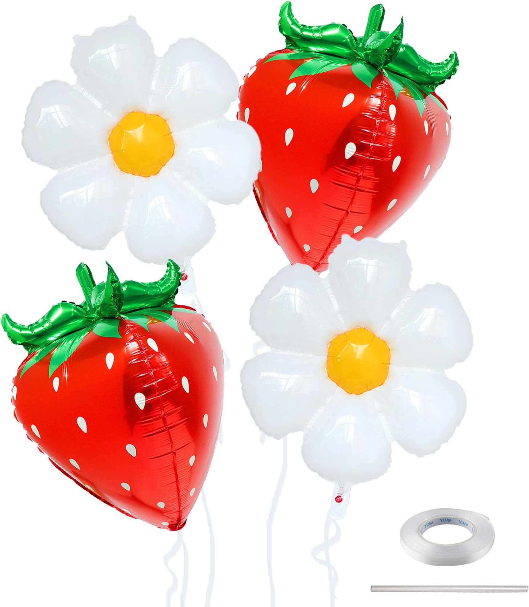 4Pcs 4D Strawberry Balloons Flower Daisy Foil Balloons, Strawberry Birthday Decorations, Berry First Birthday Balloon for Baby Shower Wedding Party Decor Fruit Party Supplies