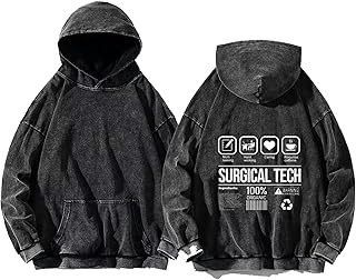 acid wash gray oversize Youth hoodie back art over size TEXT job work 69 surgical tech