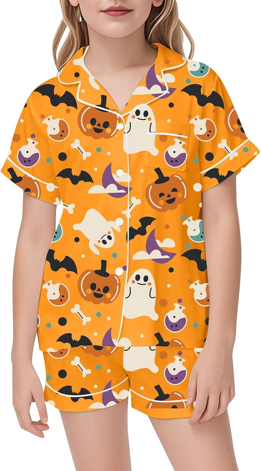 Girls Silk Satin Outfits Set Halloween Pumpkin Print Shirts and Shorts | Girls Halloween Shorts Set Ghost Print Silk Satin Short Sleeve Button Down Shirts and Shorts 2 Piece Spooky Season Clothes