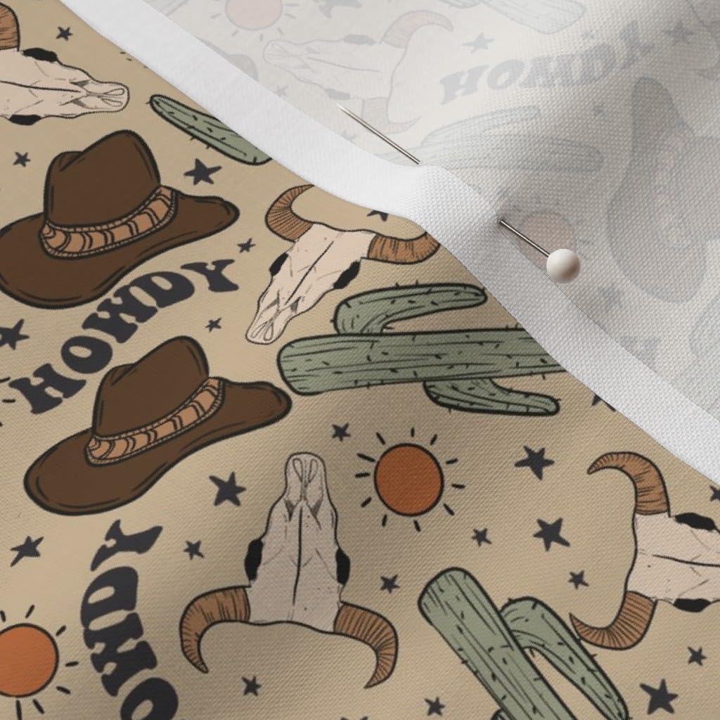 Spoonflower Fabric - Western Cactus Cowboy Southwest Sun Stars Steer Skull Ranch Hand Printed on Petal Cotton Fabric Fat Quarter - Sewing Quilting Apparel Crafts Decor