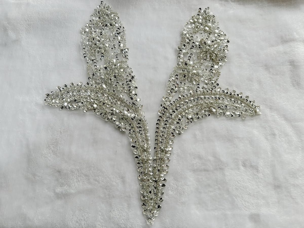 Pure Hand Sewing Beads Appliques sew on Rhinestones Sequins Crystals Trim Patches Accessories for Wedding Dresses DIY 18X18inches (Silver)