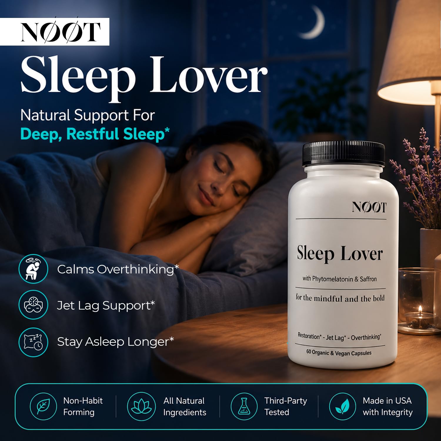 NOOT Sleep Lover Supplement – Natural Sleeping Aid for Adults & Students | Non-Habit Forming Sleep Supplement w. Ashwagandha, Lemon Balm, L-Theanine & Phytomelatonin | Deep Rest Support | 60 Capsules — Amazon image 3