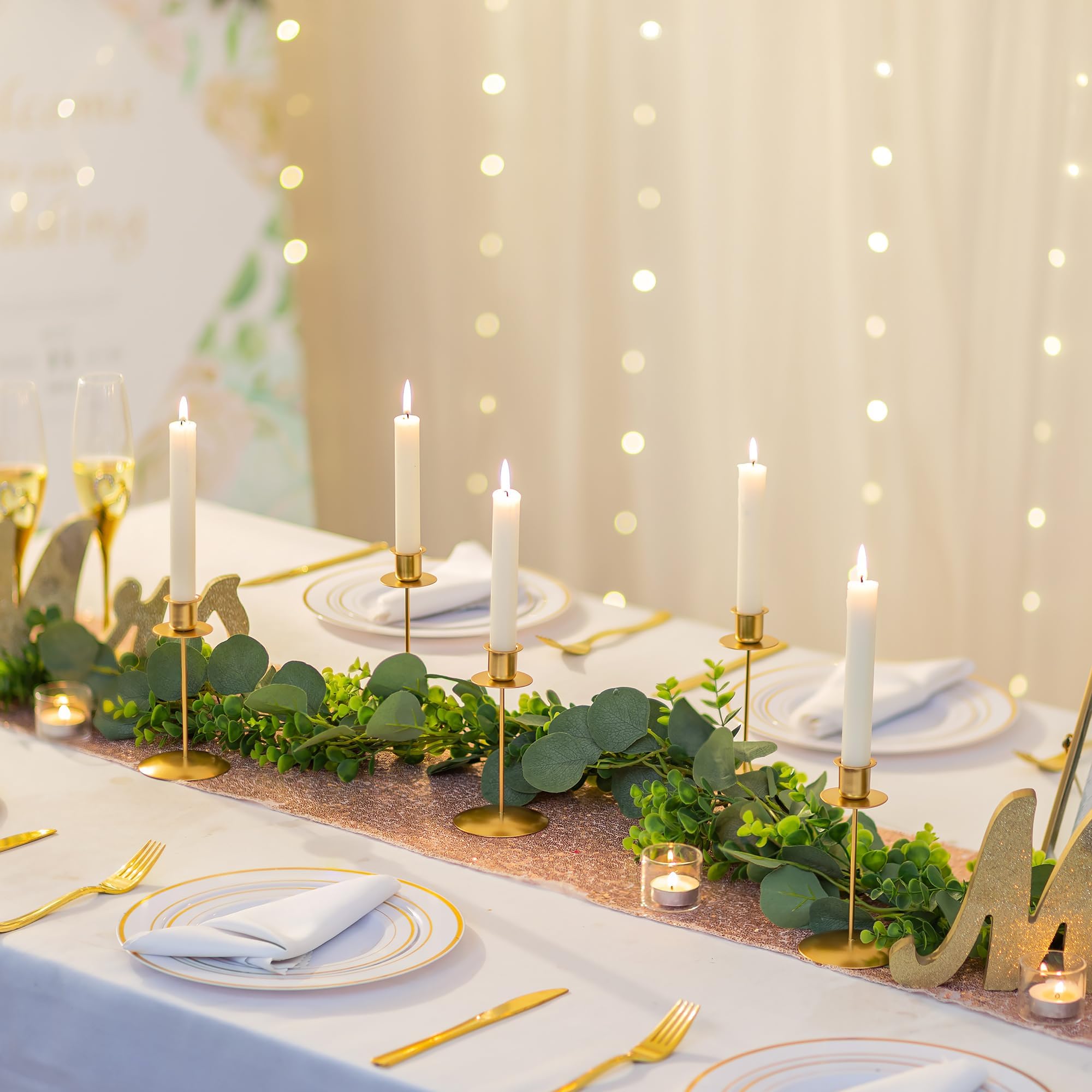 Romadedi Kerzenständer für Stabkerzen aus Metall, 12er-Pack, Gold | Kompaktes 12er-Set; Goldfarbenes Metall; Für Hochzeiten, Advent und festliche Tischarrangements