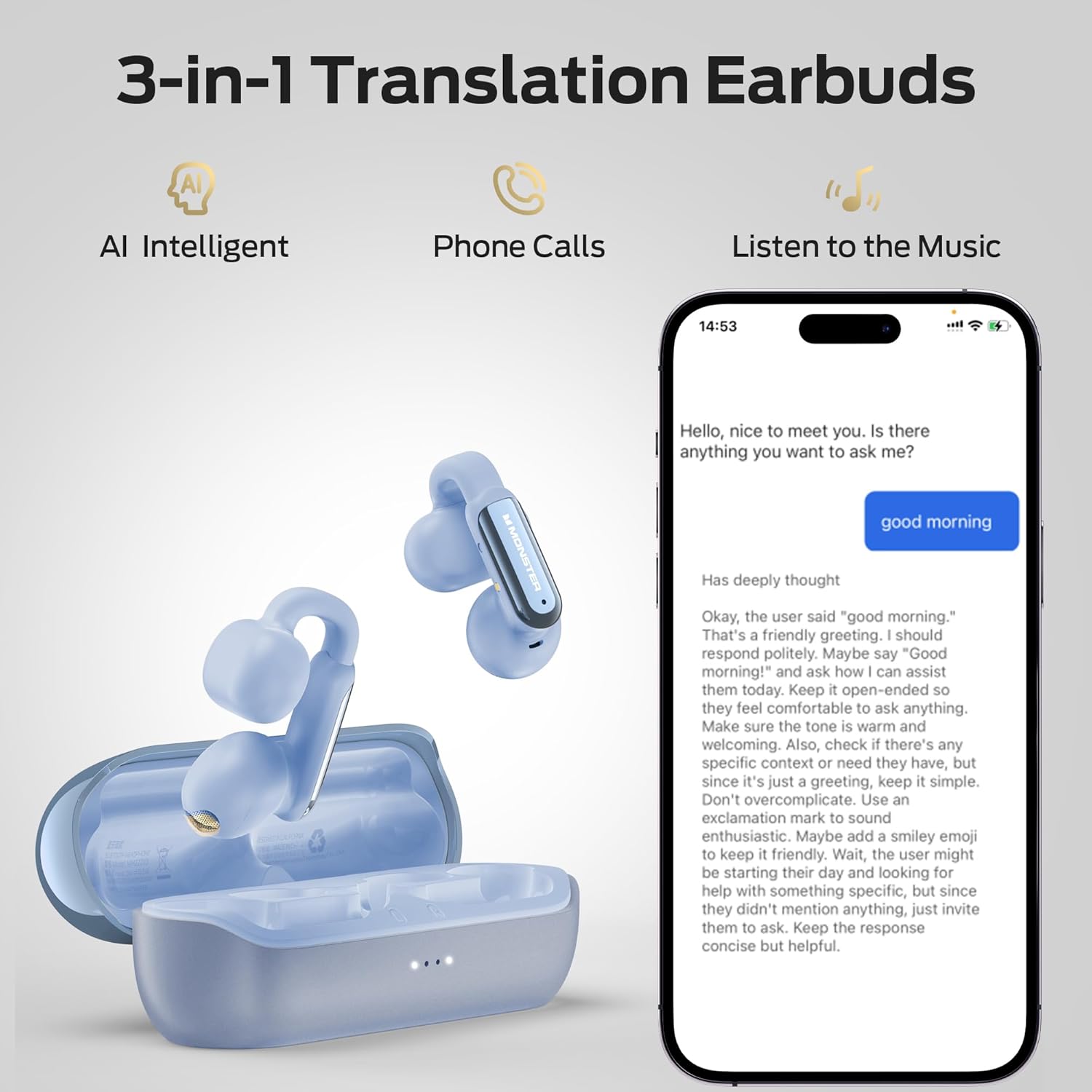 Monster AI Translation Earbuds Open AC601, 3-in-1 Translator Wireless Earbuds, Bluetooth 6.0 Open Earbud with 115 Languages Translation, Real-Time AI & Touch Control Wireless Headphone (Blue)