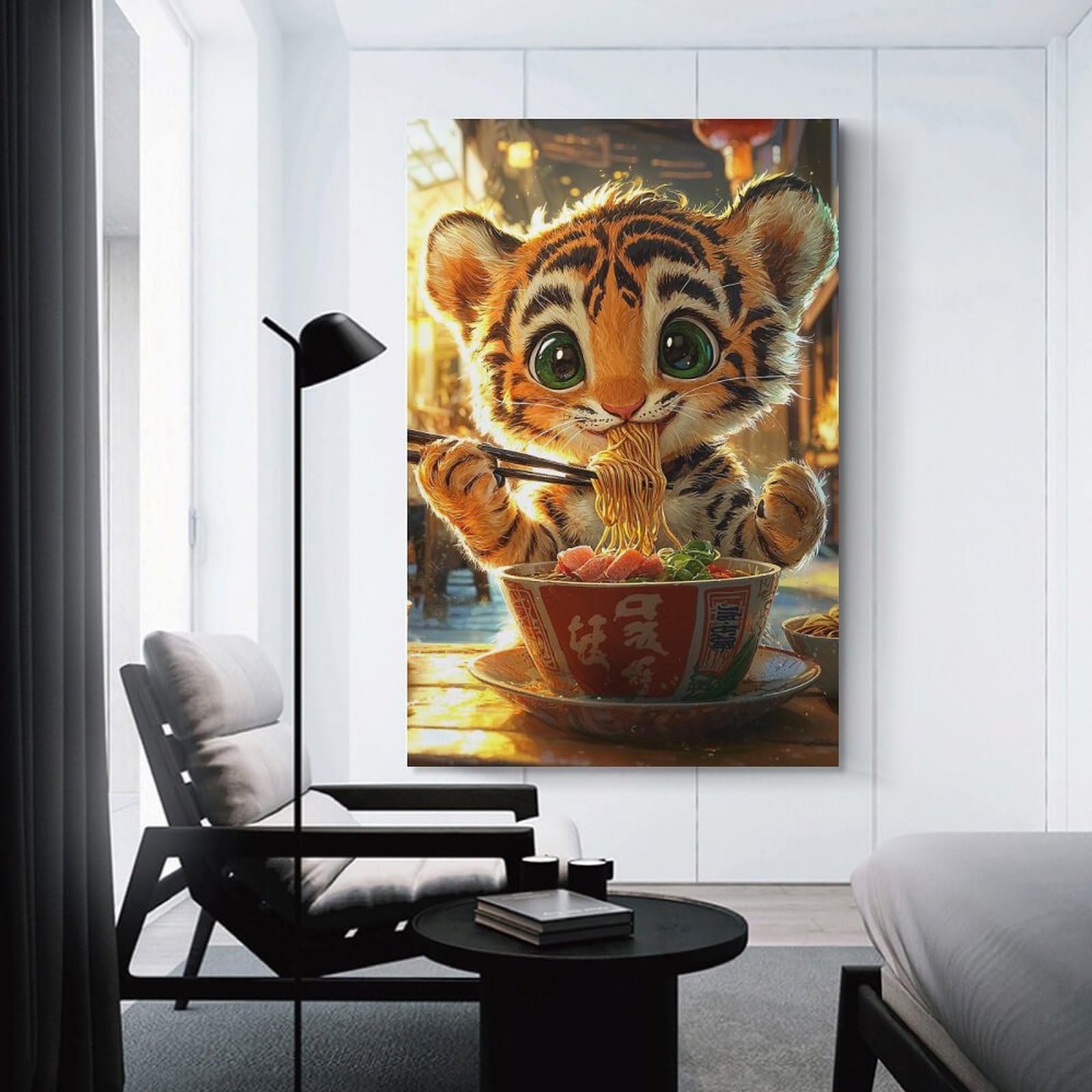 Junmoney Tiger Eating Ramen Decorative Wall Artwork 24x36inch(60x90cm), for New Homes, Bedrooms Or Workspaces, A Wall Art Gift for Fresh Interiors