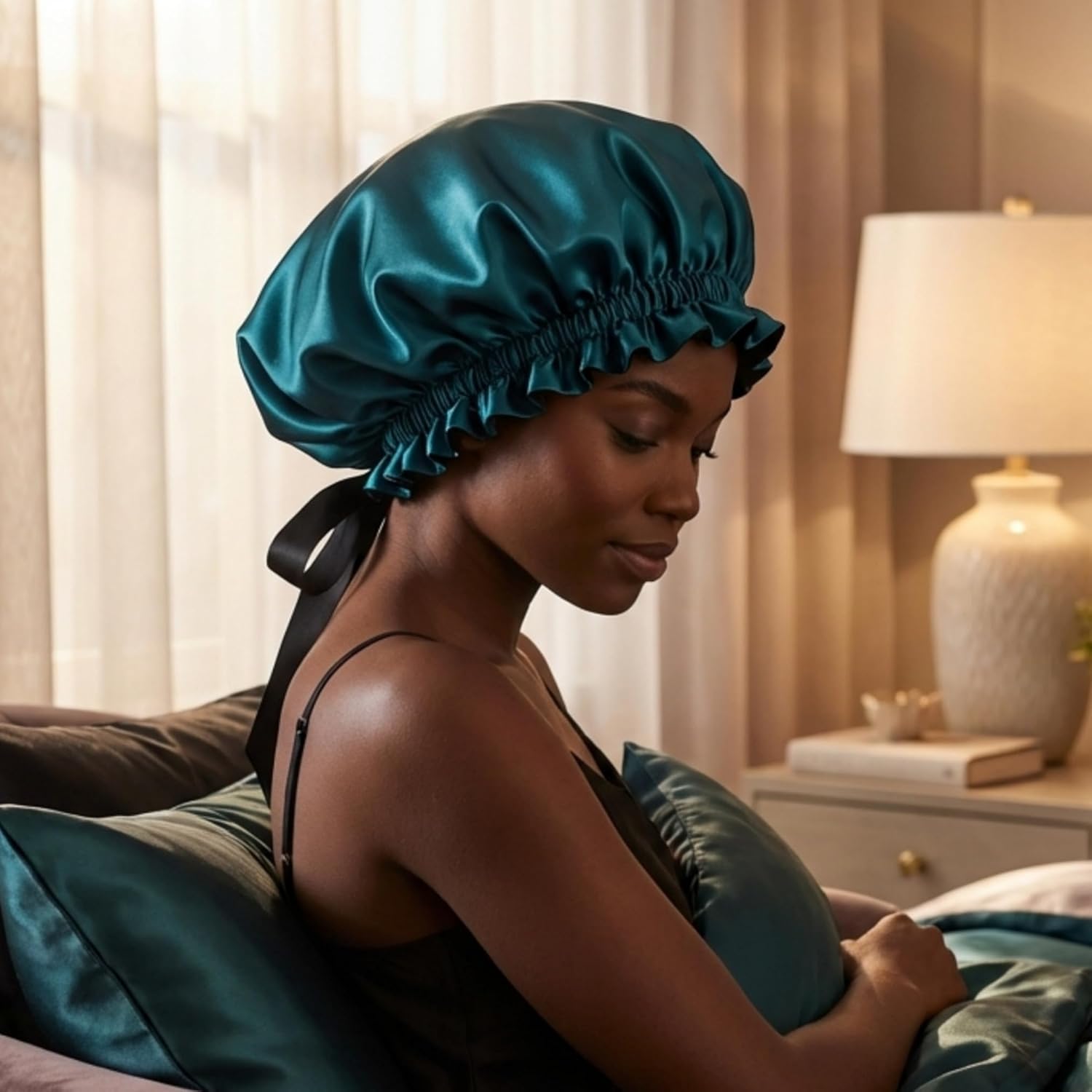 100% Silk Bonnet for Women Sleeping - Adjustable 19 Momme Mulberry Silk Cap, Double Layer, Handmade in USA, Frizz-Free (Deep Teal & Black)