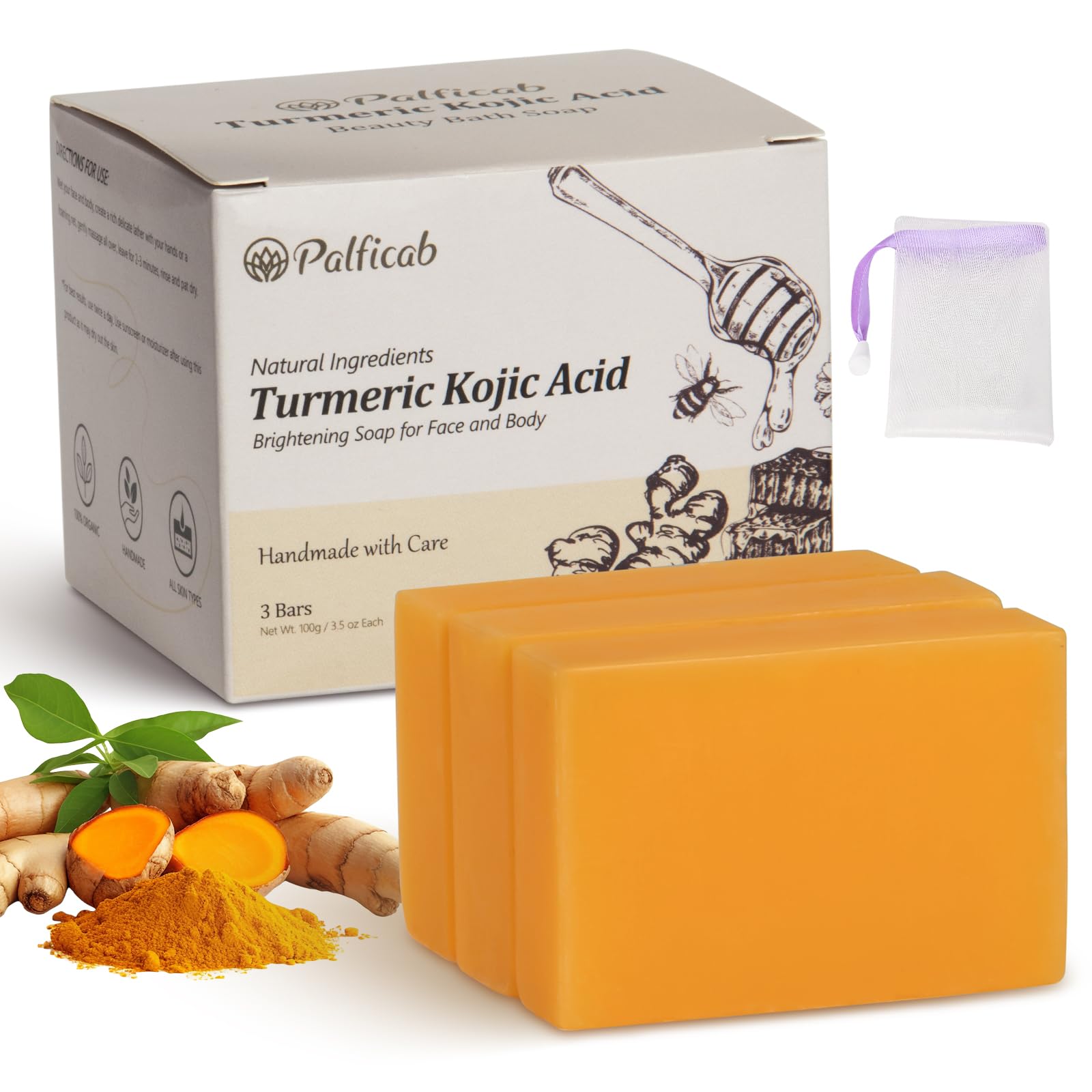 Kojic Acid Soap Dark Spot Remover, Honey Glow Turmeric Soap for Hyperpigmentation, with Kojic Acid, Turmeric, Shea Butter, Coconut Oil, Vitamin C, Skin Brightening for Face & Body, 3 Bars