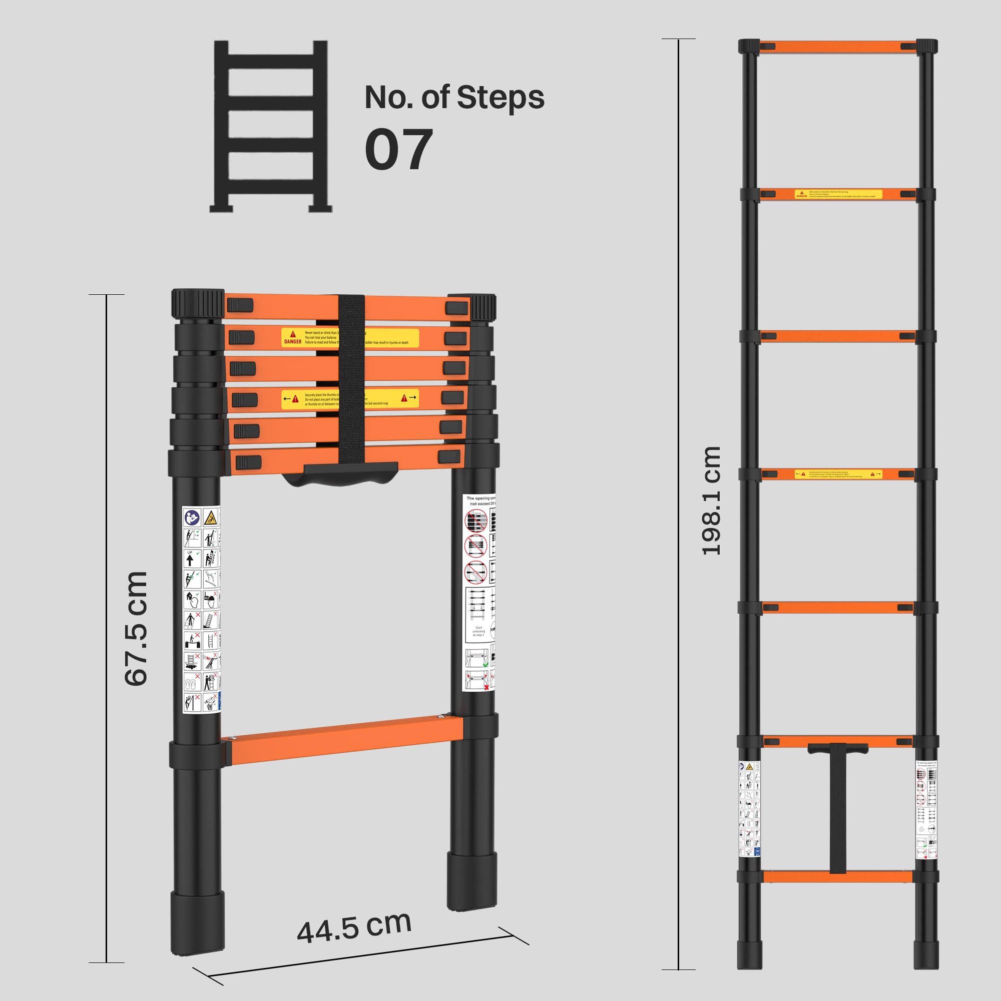 BonKaso Telescopic Ladder, 2M / 6.5Ft, 7 Steps – Heavy-Duty Foldable Alloy Steel Ladder | Anti-Slip, 150kg Load Capacity, Rustproof & EN131 Certified – Matt Black & Orange — Amazon image 8