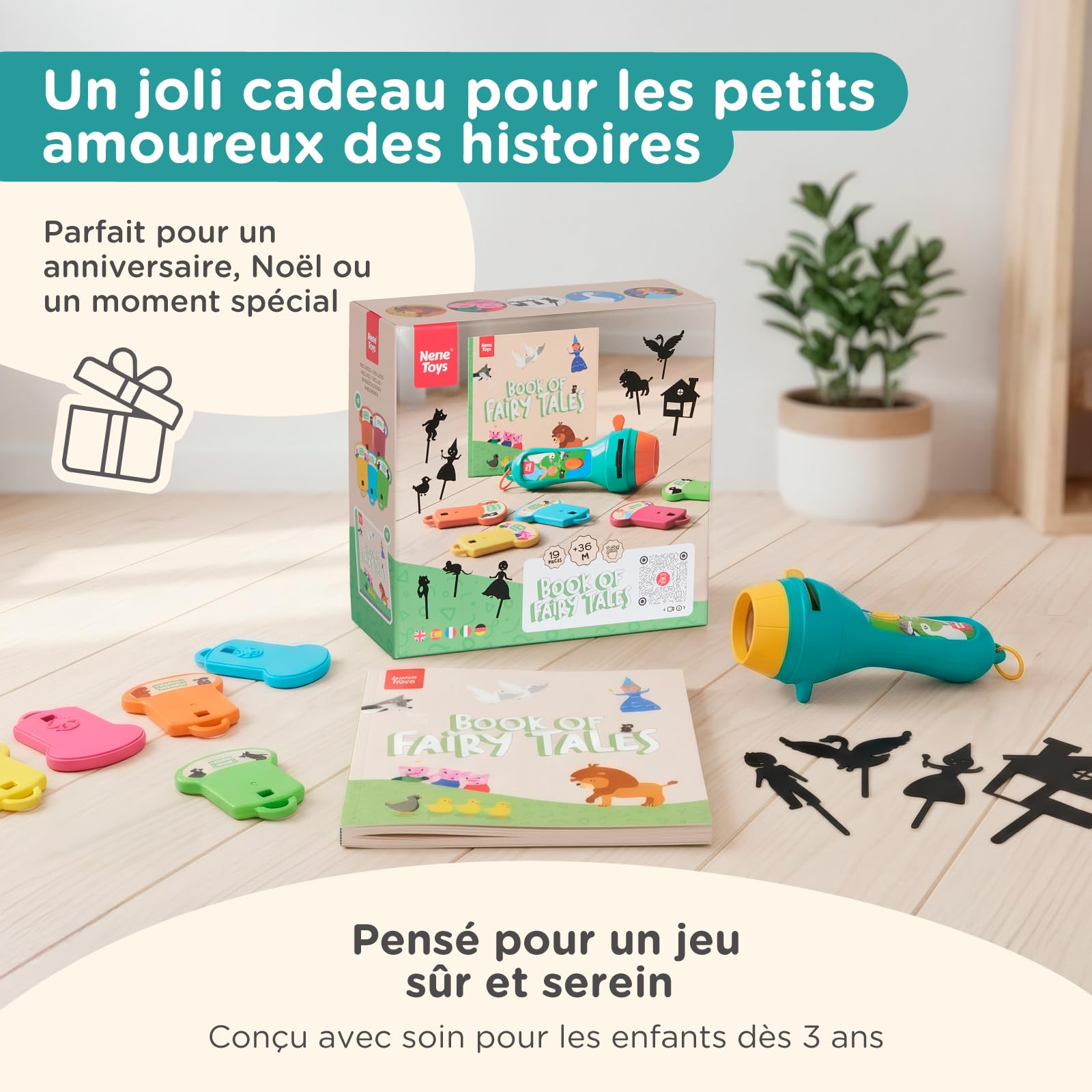 Nene Toys Livre de Contes avec Projecteur Lampe Torche & Marionnettes d’Ombres pour Enfants dès 3 Ans – 4 Histoires Classiques en 5 Langues, Coffret d’Histoires du Soir