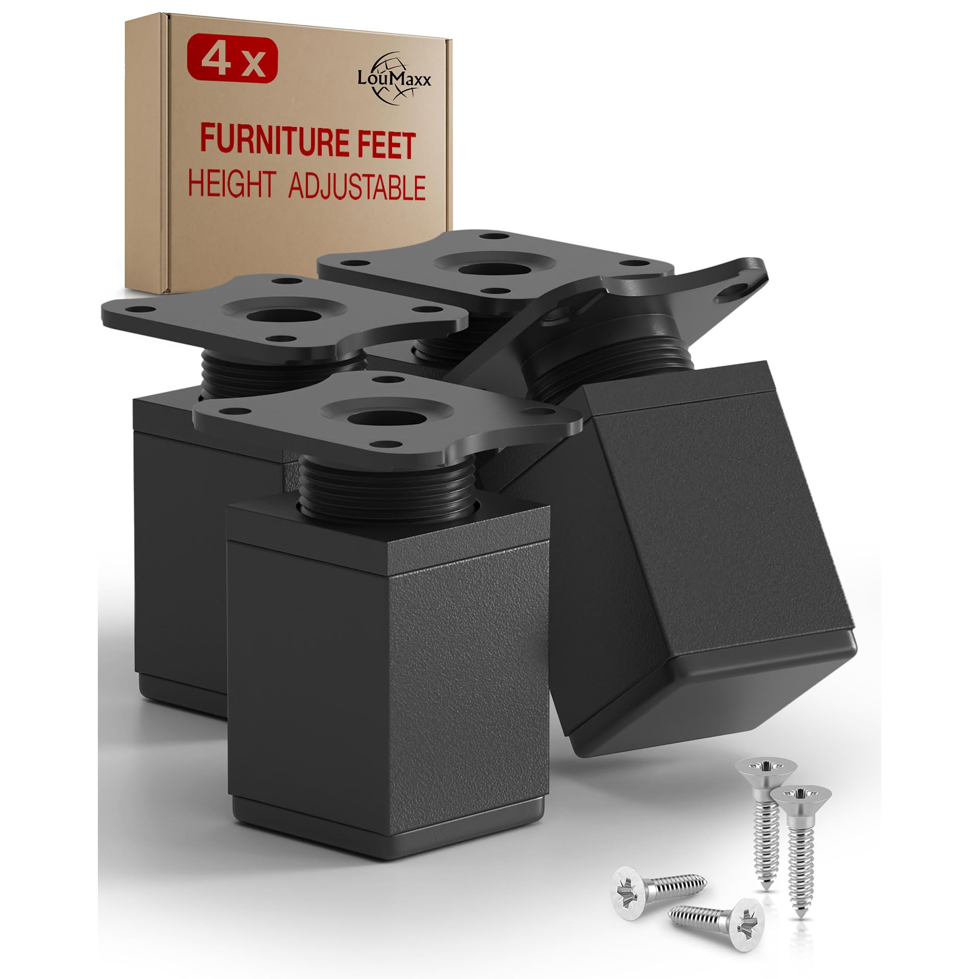 LouMaxx Adjustable Square Furniture Feet, Set of 4-40 x 40 x 60 mm in Black with Mounting Plate, Aluminium Feet