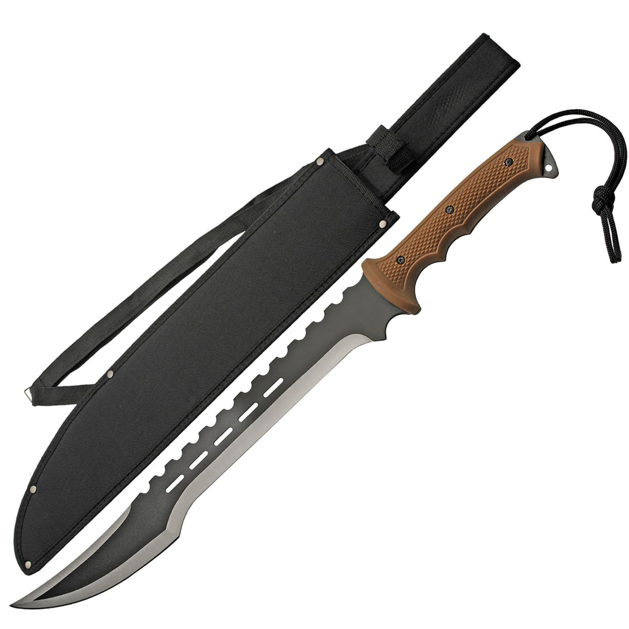 SZCO 25" Desert Storm Scimitar Machete – Full Tang Sawback Machete with 18" 420 Stainless Steel Blade, ABS Handle, Nylon Sheath & Lanyard for Camping, Hunting & Outdoor Use