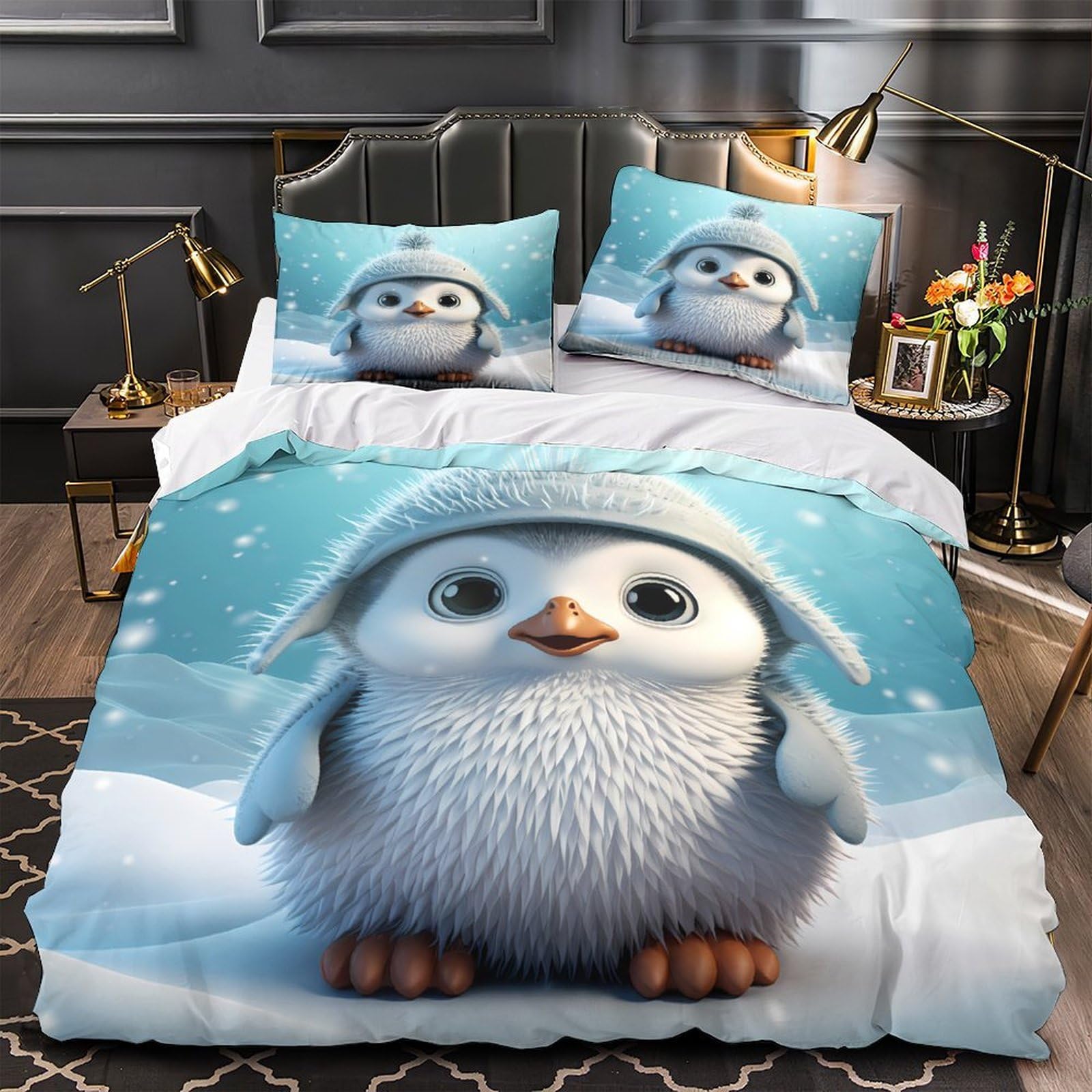 Housse de couette pingouin 3D pour literie grand confort sans repassage