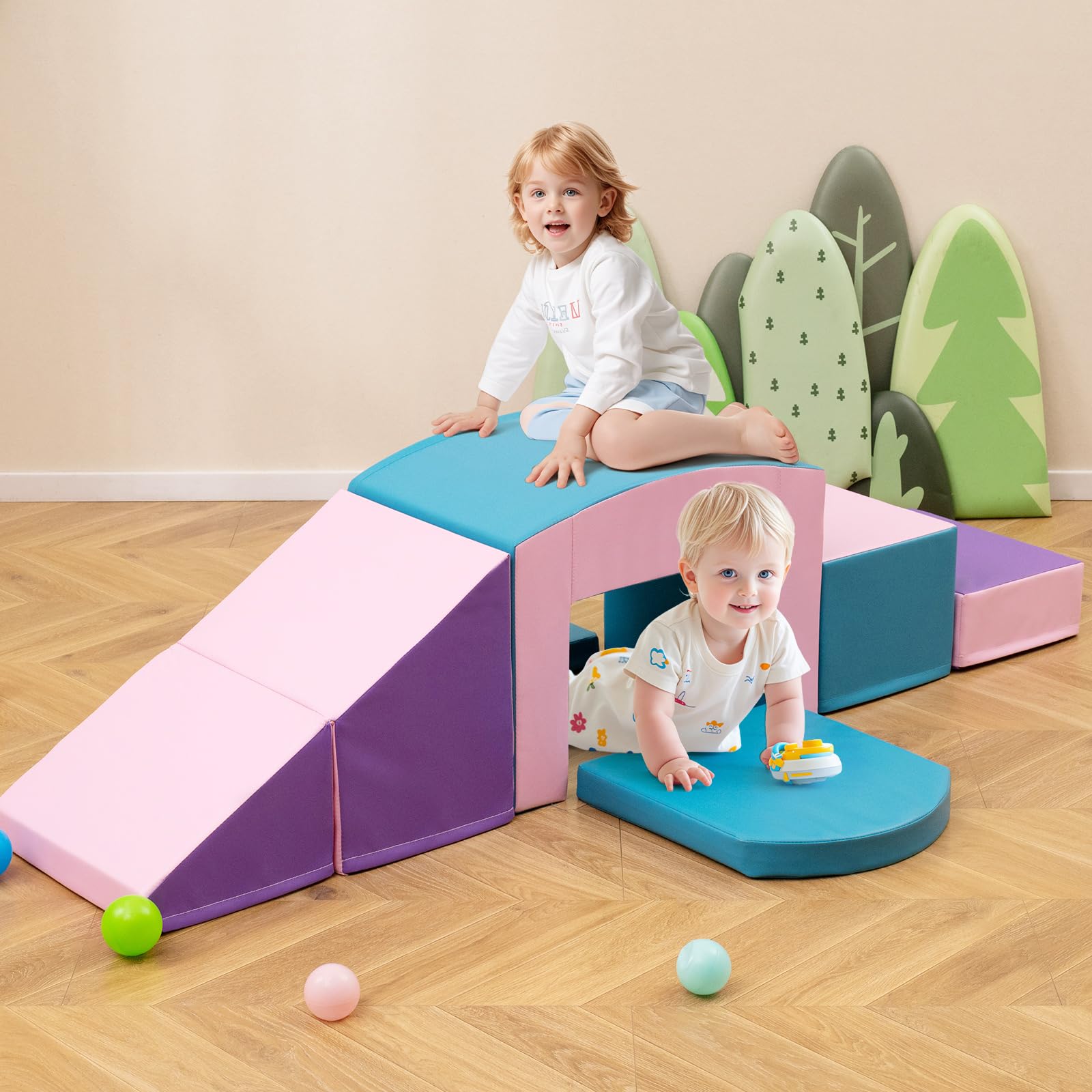 COSTWAY Juego de 6 Bloques de Espuma para Niños de 12 Meses+, Grande, Bloques de psicomotricidad Infantil para Escalar y Gatear, Suave, Soft Play Corner Climber (Rosa y Morado)