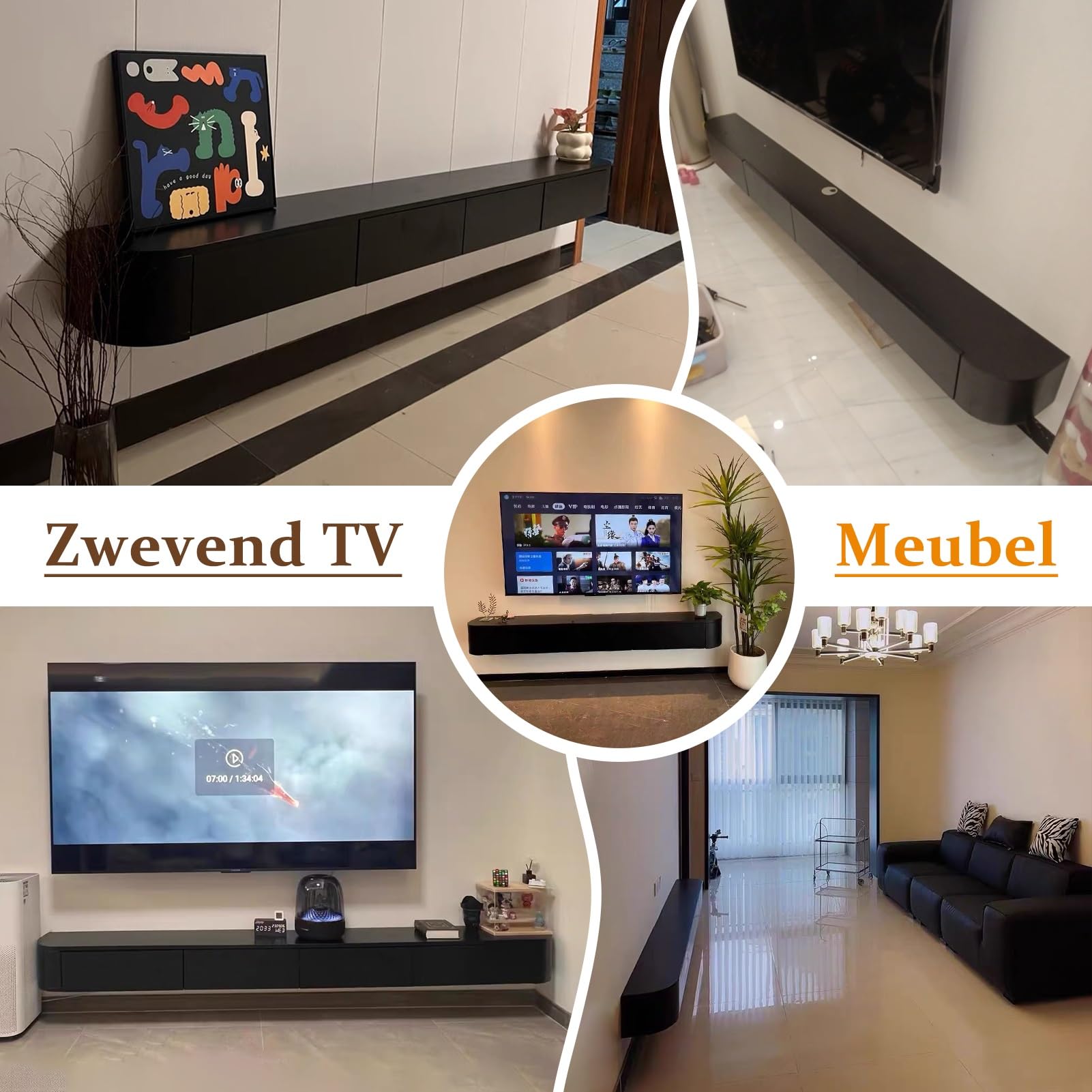 Soporte flotante de pared para TV con almacenamiento, armario bajo de 300 cm para televisores de 75 a 100 pulgadas, elegante diseño negro para sala de estar, centro de entretenimiento que ahorra