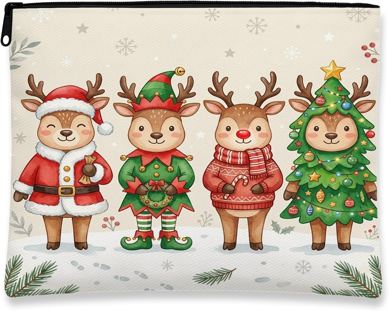 Christmas Reindeer Makeup Bag, Cute Festive Funny Cosmetic Travel Pouch for Women, Gifts for Girls, Xmas Portable Small Canvas Zipper Organizer 7x9 Inch