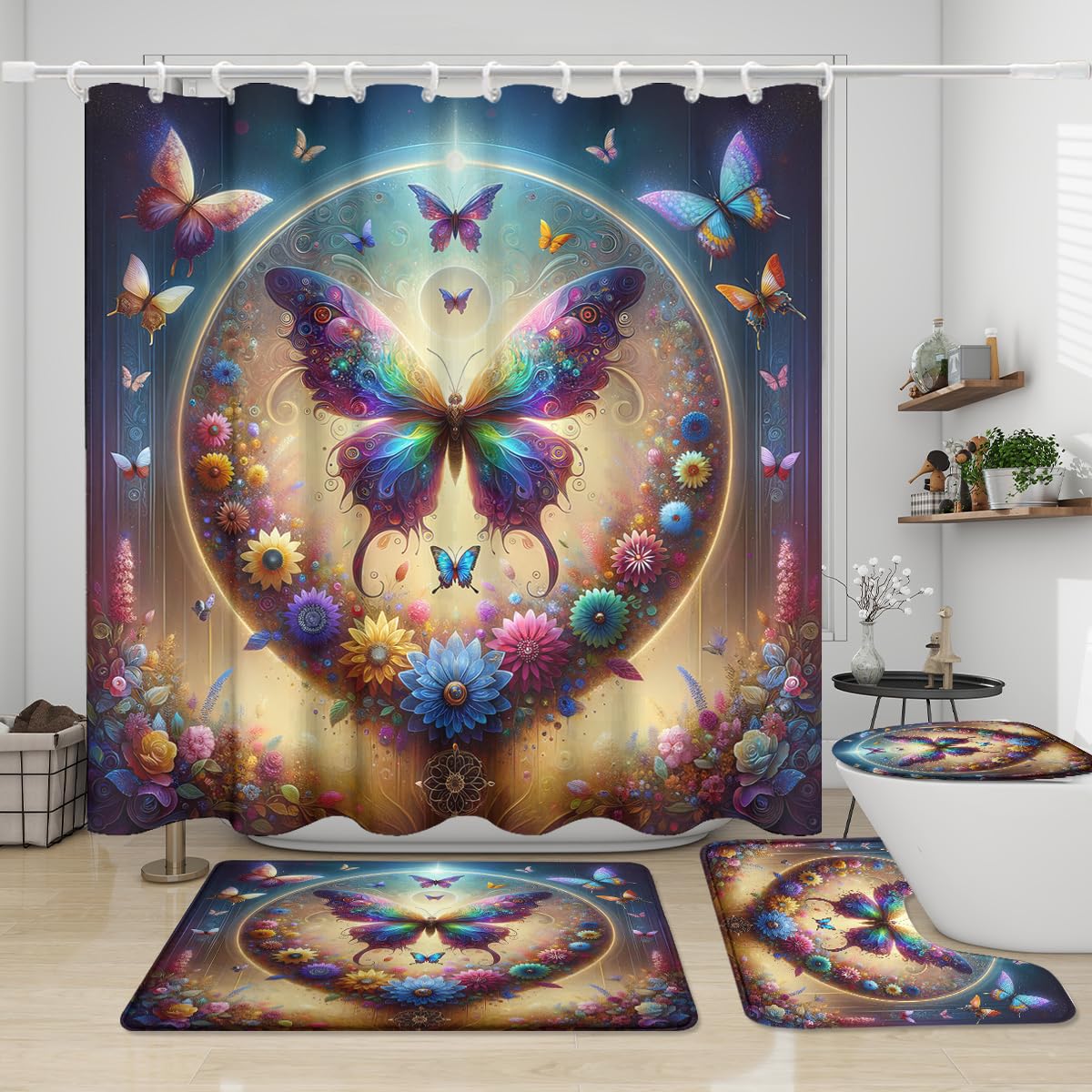 Fantasy Fairytale Forest Butterflies 4 Piece Shower Curtain Sets,Watercolor Spring Garden Rainbow Colorful Floral Non-Slip Rugs,Toilet Lid Cover and