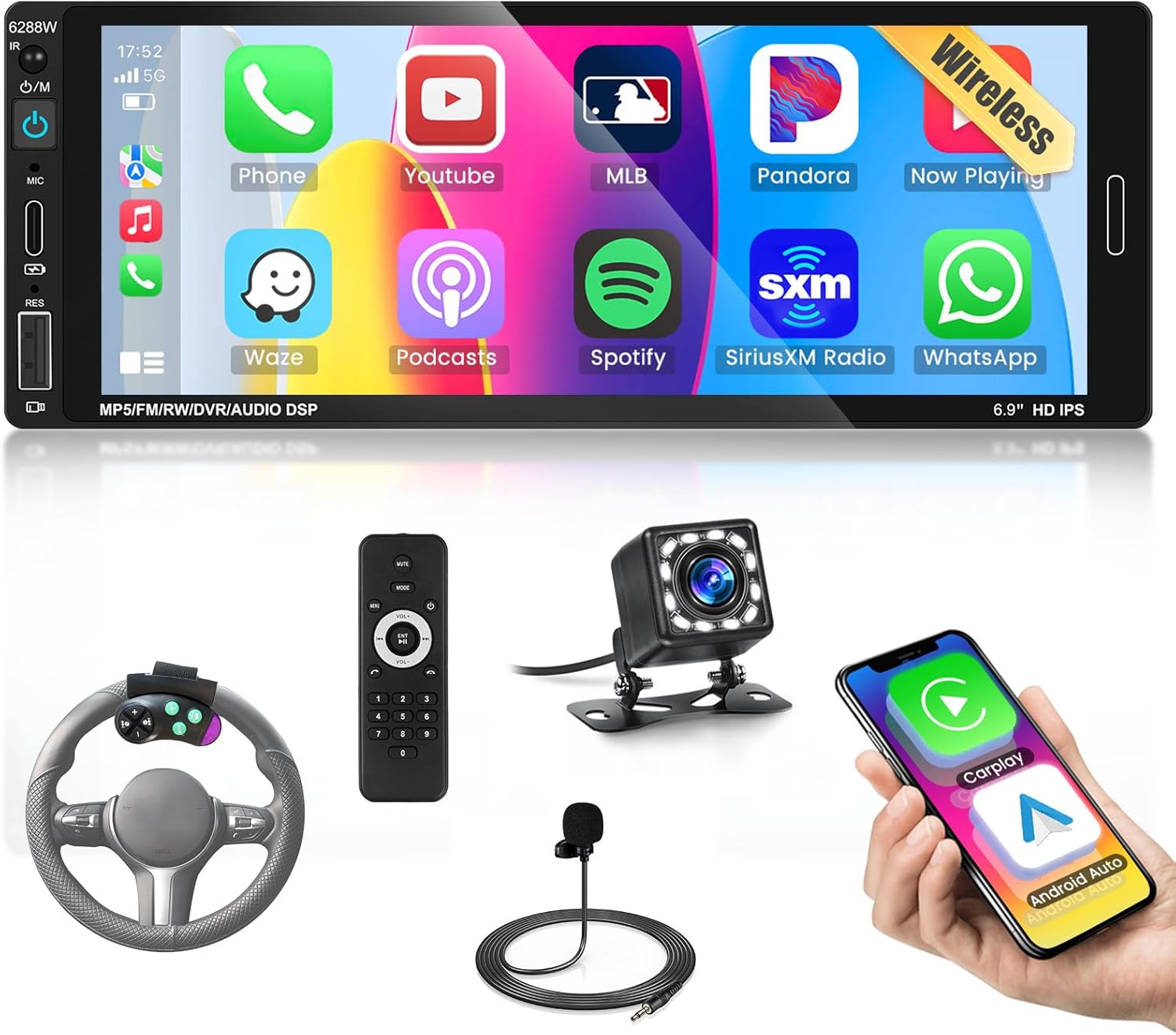 Single Din Car Radio Stereo with Wireless Apple Carplay Android Auto, 6.9" HD Touch Screen Car Radio Bluetooth Receiver, Mirror Link, Backup Camera GPS Navigation USB/Type-C Charge FM EQ SWC MP5