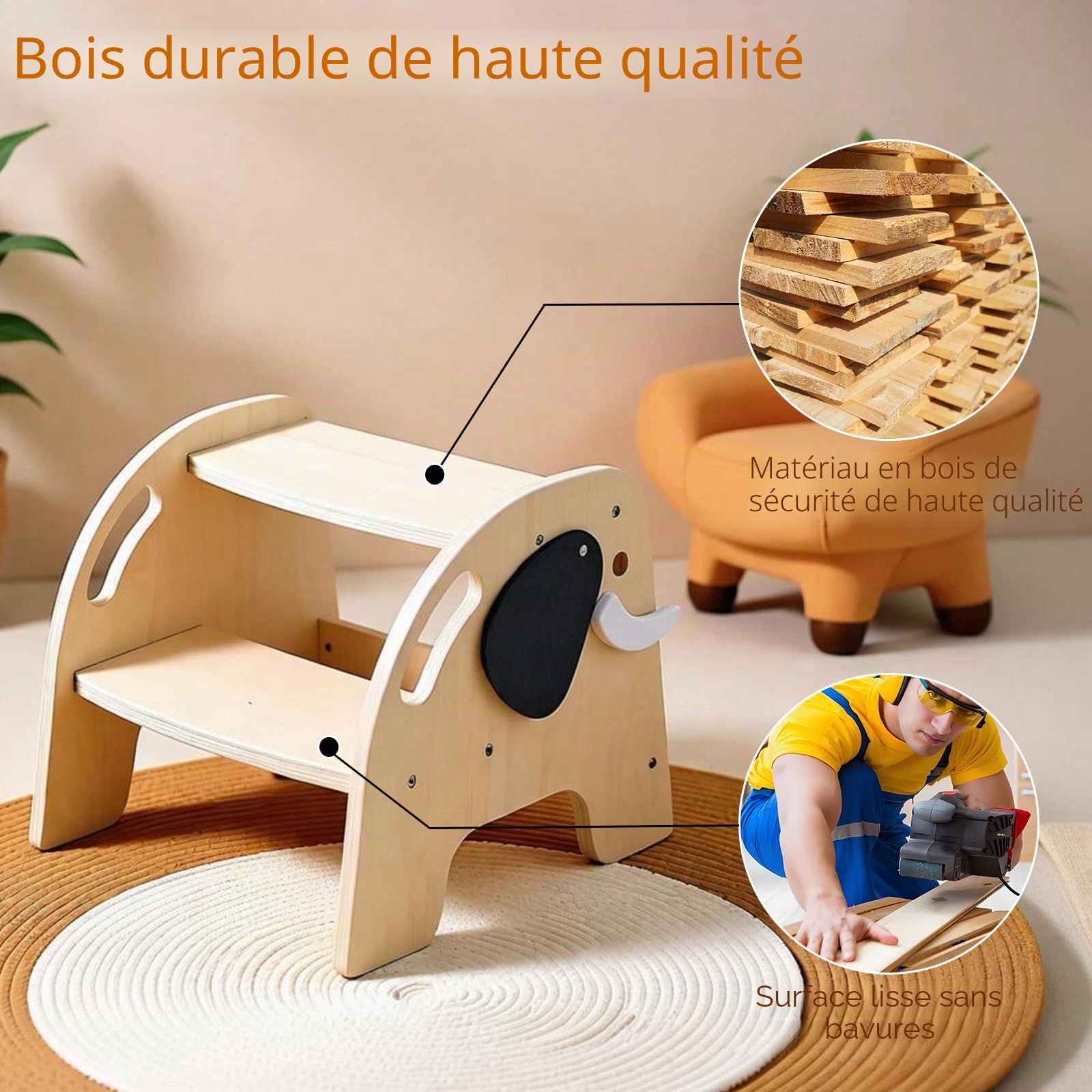 Escabeau pour Enfants, Tabouret à 2 marches en Bois pour Enfants, supportant jusqu'à 80 kg, avec Repose-Pieds antidérapant pour Salle de Bain, Cuisine, Chambre d'enfant, Toilettes