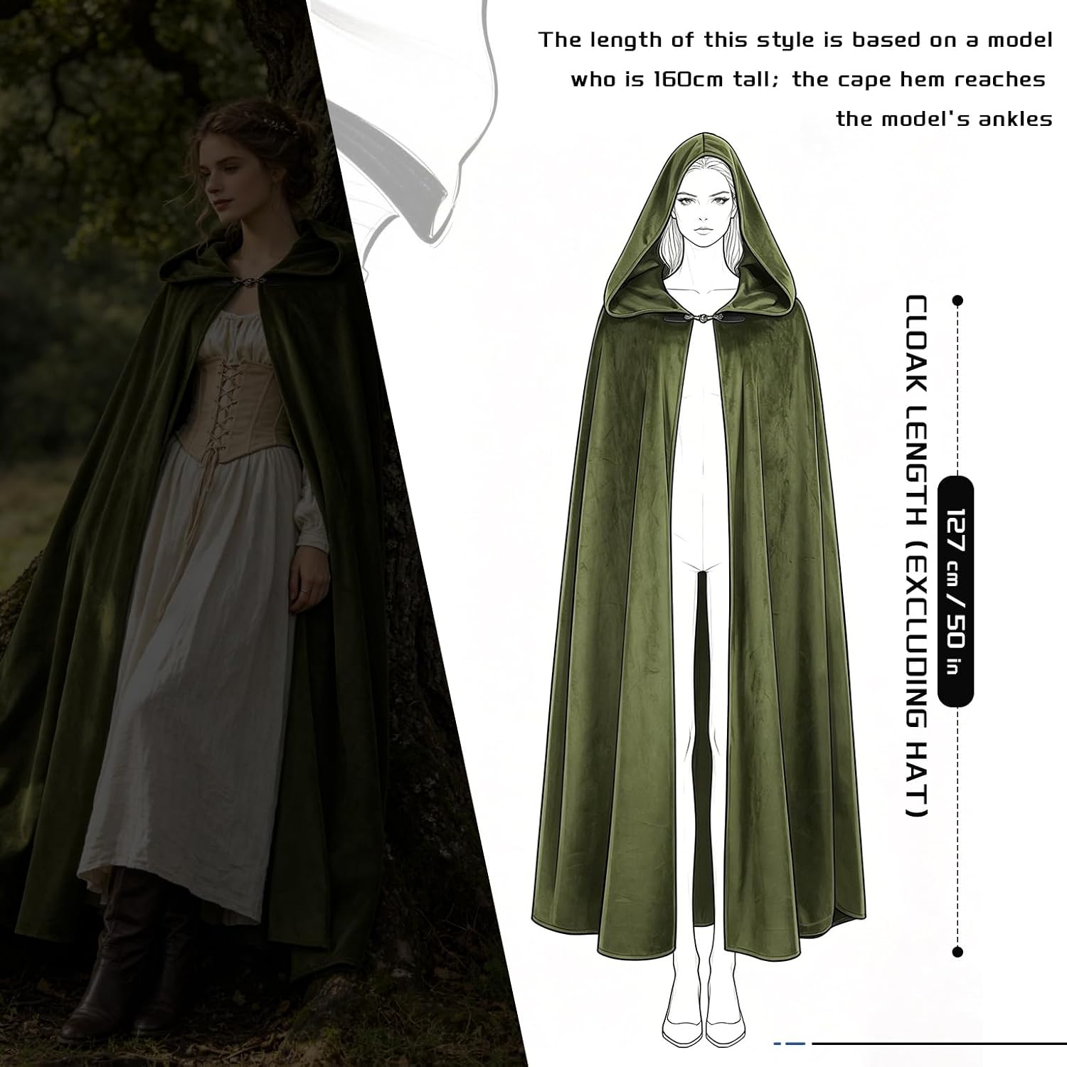Medieval Hooded Cloak Renaissance Vintage Cape - Halloween Cosplay Witch Wizard LARP Costume