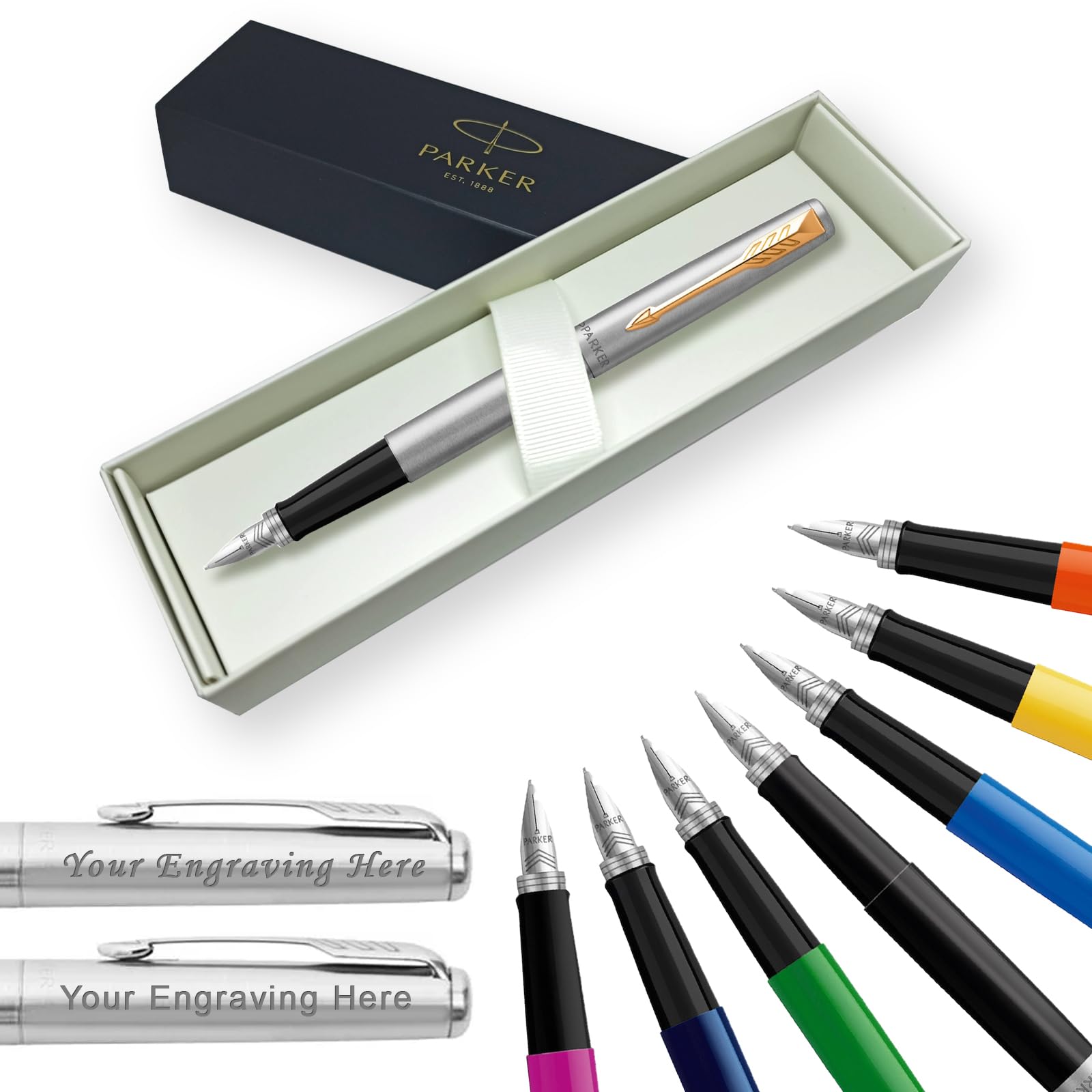 Parker Jotter Fountain Pen Personalised Pen Engraved In Classy Gift Box Ideal, Birthday, Valentines, Mothers or Fathers Day Engraved Parker Pen with Laser Engraving (Stainless Steel Gold Trim)