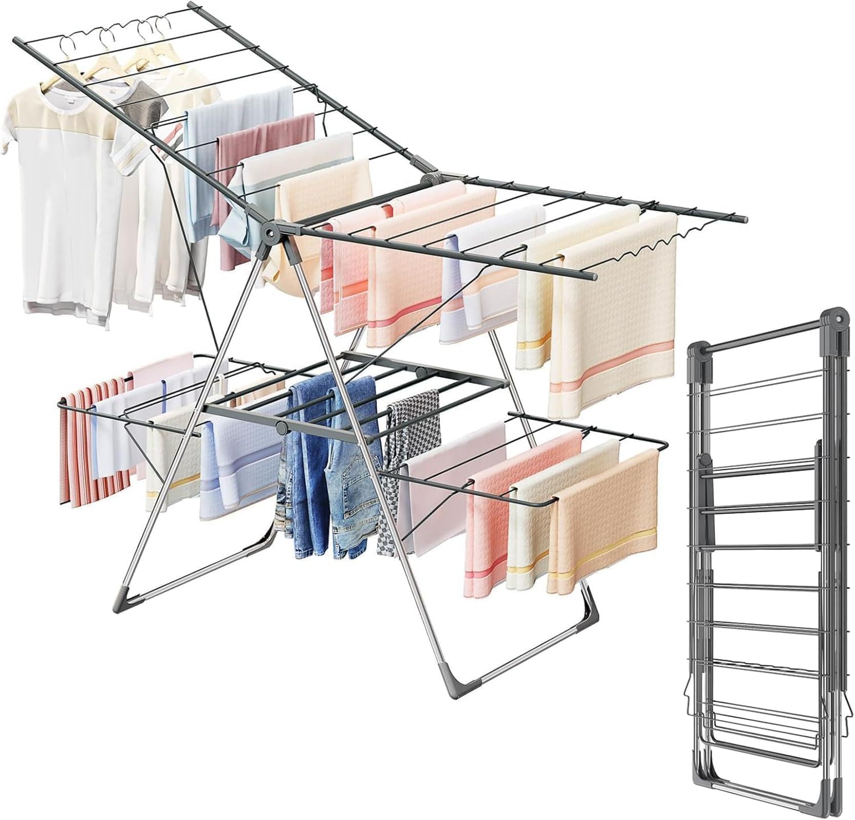 Innotic Stendino Verticale Salvaspazio, Stendibiancheria 2 Ali Resistente, Carico 35kg, 33 Barre, Stendipanni Richiudibile, Pieghevole, Portatile,143x88x58 cm per Balcone Esterno Interno