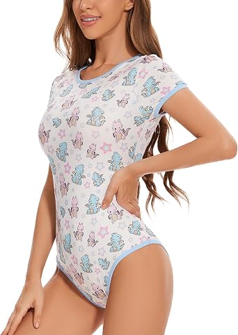 Sexy Adult Onesie Pjs for Women Snap Crotch Romper Pajamas with Dinosaur & Dragon Print - Short Sleeves Casual Bodysuit