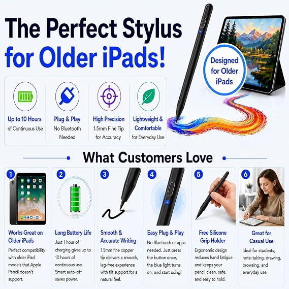 Stylus Pen Pencil Replacement for Apple iPad iPad Air, iPad Pro (Black)