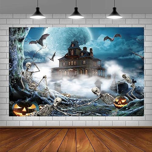 Miniatura 3 de SENDY Telón de fondo de Halloween de 7 x 5 pies, decoración de fiesta de Halloween azul, suministros para niños, cráneo, cementerio aterrador,