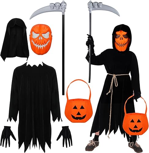 Toulite Disfraz de calabaza de espantapájaros de Halloween, juego de disfraz de calabaza parca de calabaza, máscara de calabaza, bolsa de dulces