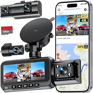 3-Channel 4K Dash Cam for Car with WiFi, GPS, Night Vision, and 64GB Card