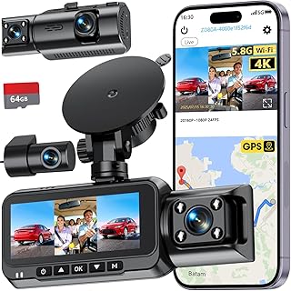 3-Channel Dash Cam 4K for Car: Front, Rear & Inside Dash Camera with 5.8GHz WiFi & GPS - 24H Parking Mode, 64GB Card for Rideshare Driver
