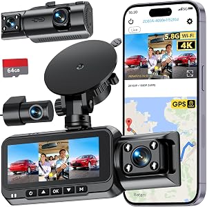 3-Channel Dash Cam 4K for Car Front Rear Inside Dash Camera with 5 8G WiFi GPS - 24H