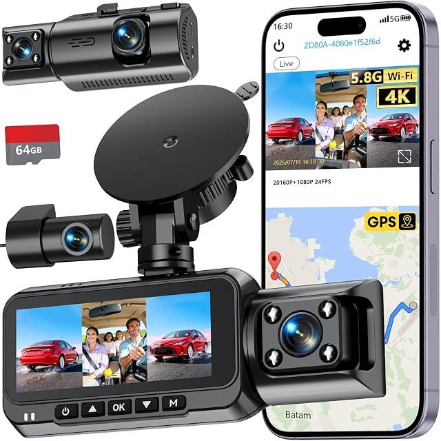 3-Channel Dash Cam 4K for Car Front Rear Inside Dash Camera with 5 8G WiFi GPS - 24H