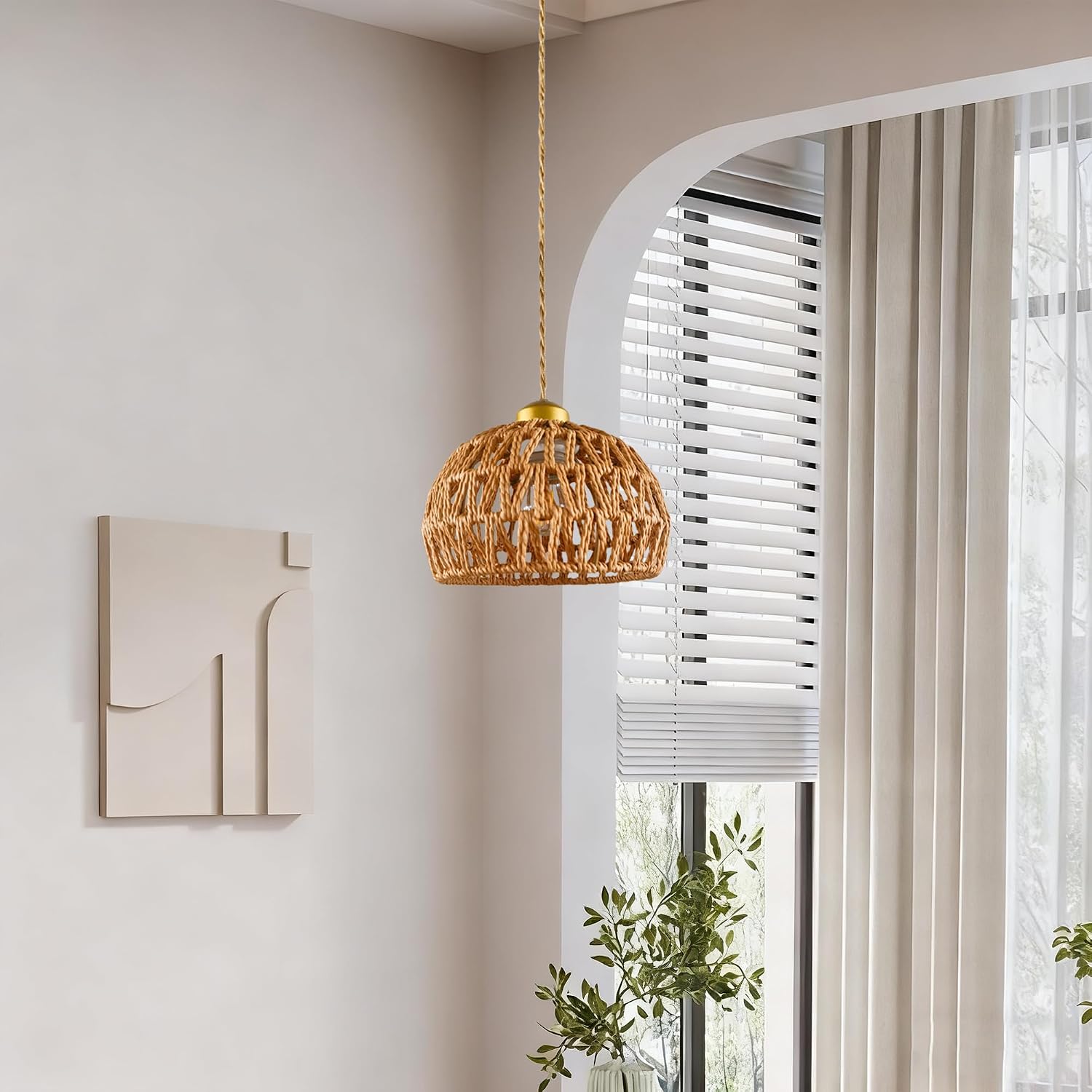 8" Boho Jute Pendant Light,Handwoven Natural Hanging Lamp Wicker Ceiling Hanging Light Fixture for Bedroom Living Room Kitchen Island,Brown Basket Shape Hemp Rope Chandelier Lighting Rattan Fixture